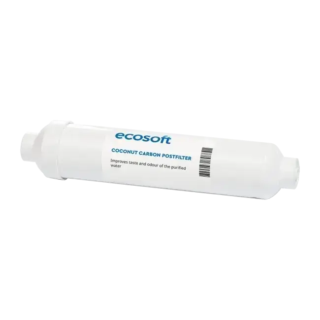Filtru inline din cărbune activ granular pentru postfiltrare osmoză inversă, Ecosoft CHV2010, din coajă de nucă de cocos, conectori rapizi 1/4