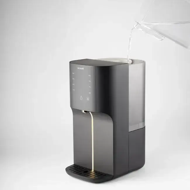 Sistem de osmoză inversă countertop fără instalare Ecosoft CROSS RAY, filtrare 3-in-1, apă caldă cu moduri 45/65/100 °C, sterilizare UV și afișaj TDS