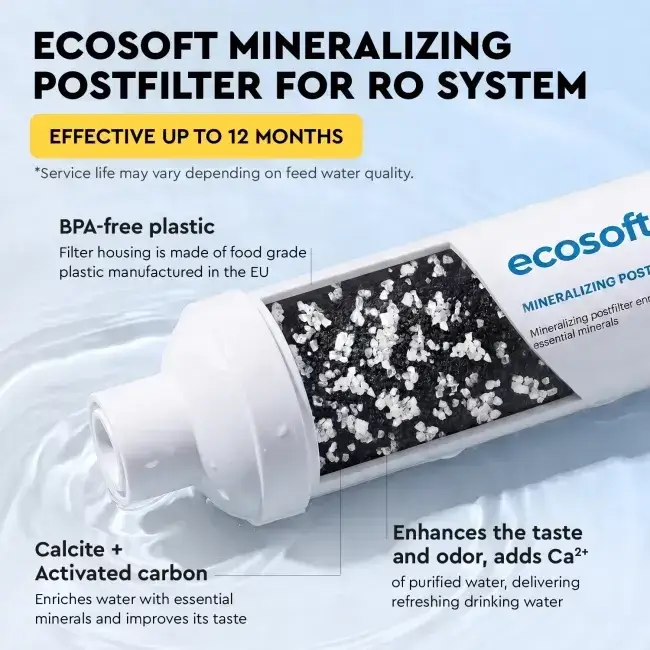 Filtru inline pentru remineralizare, Ecosoft PD2010, mineralizare cu calciu, magneziu și potasiu, conectori rapizi de 1/4", dimensiune 10x2