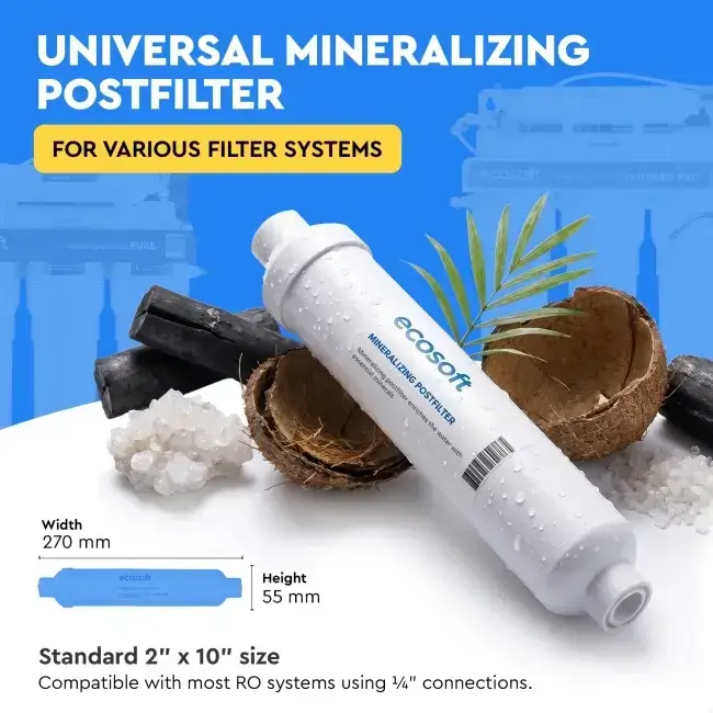 Filtru inline pentru remineralizare, Ecosoft PD2010, mineralizare cu calciu, magneziu și potasiu, conectori rapizi de 1/4", dimensiune 10x2