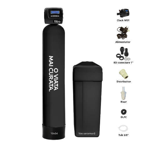 Stație automată, Clack WS1 PRO, valvă volumetrică premium, tank simplex 10x54, debit 2-2.5 m3/oră, fără rășină inclusă, necesar 37 litri