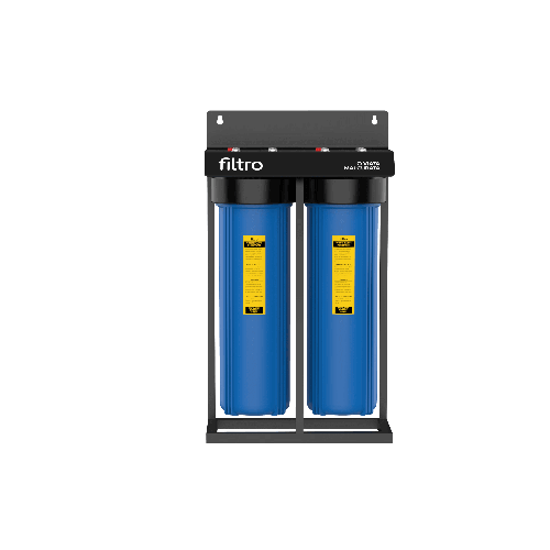Set 2 carcase albastre, BIG BLUE 20" TWIN, conexiune 1" din alama, cheie, supapa presiune si cadru metalic