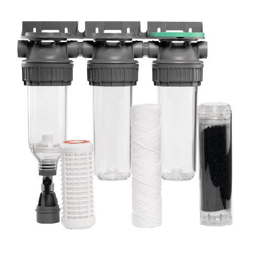 Sistem de filtrare, Ecosoft 3P Grey Triplex 10", valva de purjare, set de cartuse inclus, pentru apa de ploaie, conexiune 3/4"