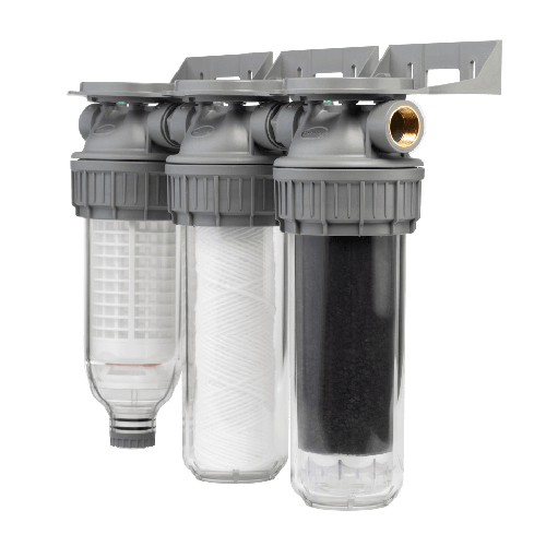 Sistem de filtrare, Ecosoft 3P Grey Triplex 10", valva de purjare, set de cartuse inclus, pentru apa de ploaie, conexiune 3/4"