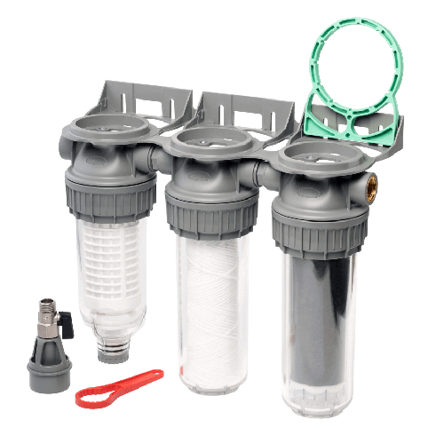 Sistem de filtrare, Ecosoft 3P Grey Triplex 10", valva de purjare, set de cartuse inclus, pentru apa de ploaie, conexiune 3/4"