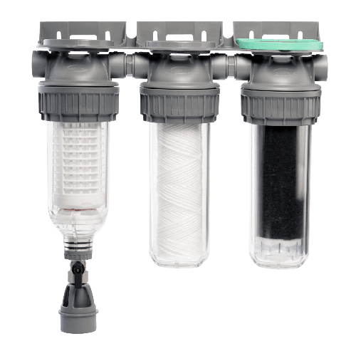 Sistem de filtrare, Ecosoft 3P Grey Triplex 10", valva de purjare, set de cartuse inclus, pentru apa de ploaie, conexiune 3/4"