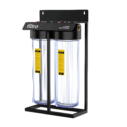 Set 2 carcase transparente, BIG CLEAR 20" TWIN, conexiune 1" din alama, cheie, supapa presiune si cadru metalic