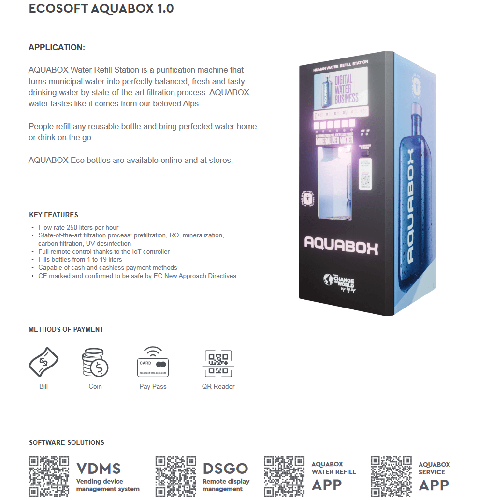Automat de apa purificata, Aquabox RO, osmoza inversa, display afisare reclame, 250 l/h, 4 metode de plata si administrare de la distanta