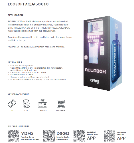 Automat de apa purificata, Aquabox AC, display afisare reclame, 250 l/h, 4 metode de plata si administrare de la distanta