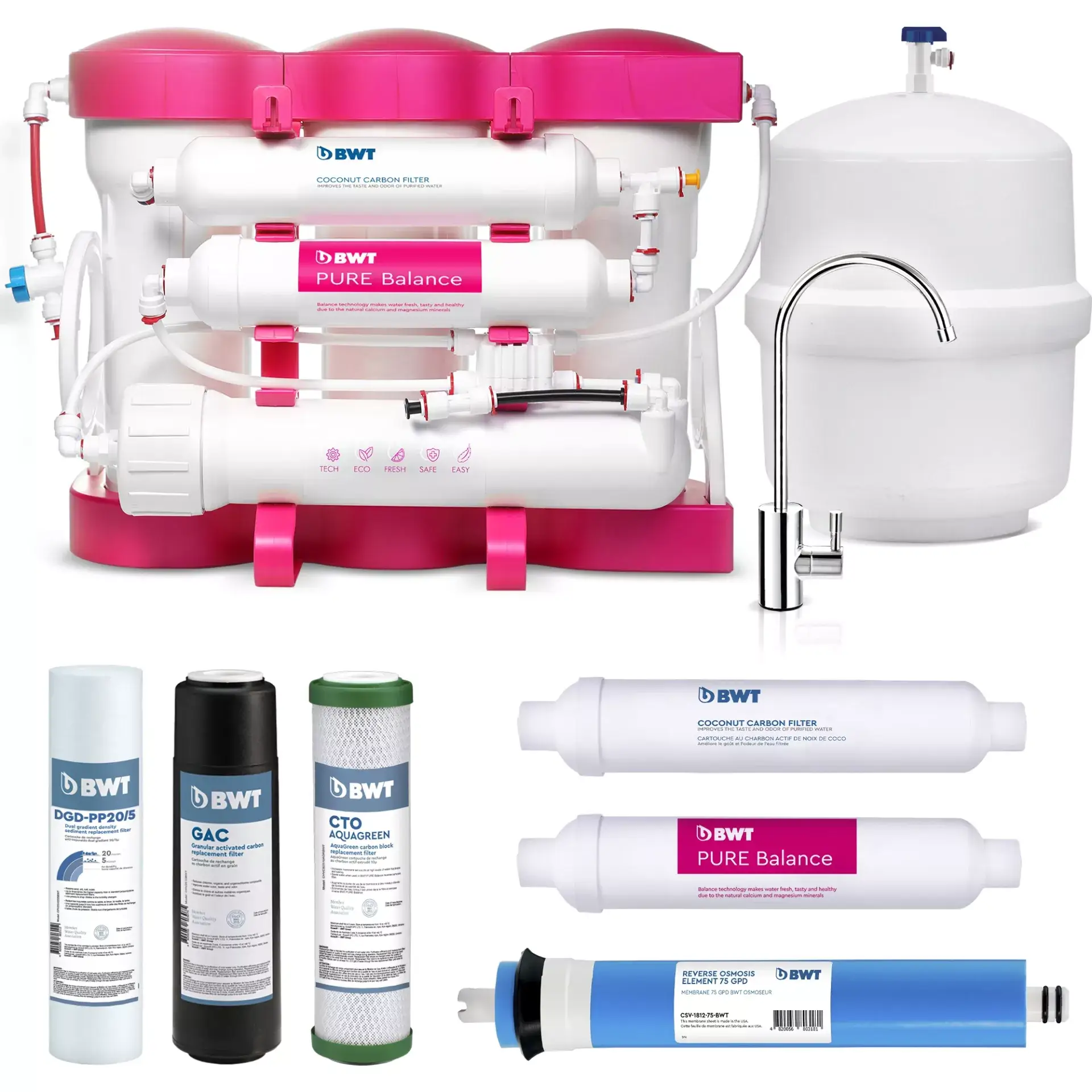 Osmoza inversa premium, BWT P'URE Balance PINK, MO675MBALBWTPINK, 6 stadii, eficienta ridicata, remineralizare cu calciu si magneziu