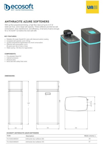Statie dedurizare, Ecosoft Anthracite Azure 250, 25 litri rasina, cabinet gri-verde