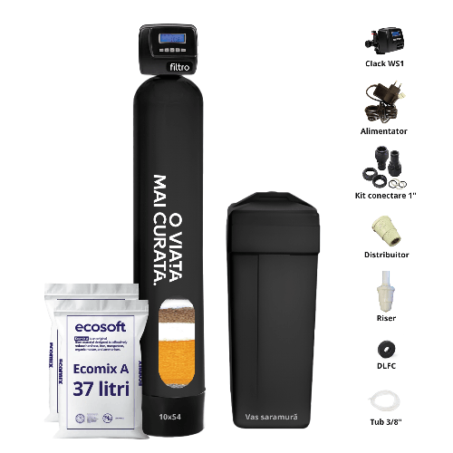 Stație Ecomix 5-in-1 automată, Clack WS1 PROMIX, dedurizare, deferitizare, demanganizare, valvă volumetrică premium, tank simplex 10x54, debit 2.3 m3/oră, 37 litri rasină Ecomix A inclusă