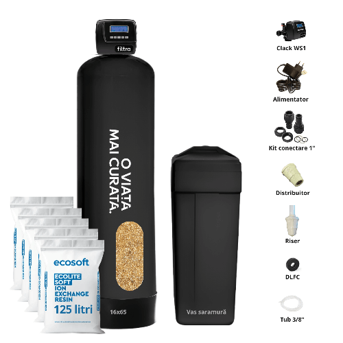 Stație dedurizare automată, Clack WS1 PROSOFT, rășină Ecolite S, valvă volumetrică premium, tank simplex 16x65, debit 6.2 m3/oră, 125 litri de rășină inclusă