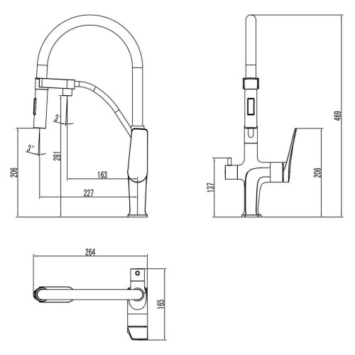 Baterie cu 3 căi, PREMIER FLEX Bridge, finisaj gri crom, țeavă flexibilă cu dus, flux separat apă filtrată și apă menajeră (rece și caldă)