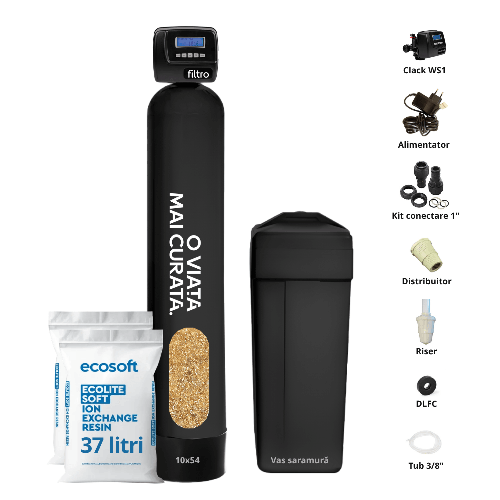Stație dedurizare automată, Clack WS1 PROSOFT, rășină Ecolite S, valvă volumetrică premium, tank simplex 10x54, debit 2.5 m3/oră, 37 litri rasină inclusă