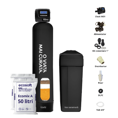 Stație Ecomix 5-in-1 automată, Clack WS1 PROMIX, dedurizare, deferitizare, demanganizare, valvă volumetrică premium, tank simplex 12x52, debit 2.9 m3/oră, 50 litri de rășină Ecomix A inclusă