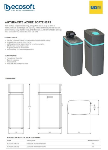 Statie dedurizare, Ecosoft Anthracite Azure 370, 37 litri rasina, cabinet gri-verde