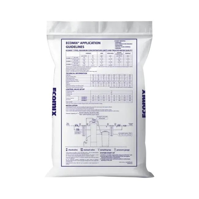 Rasina schimbatoare de ioni, ECOMIX A, ambalare sac 25 litri, eliminare duritate, fier, mangan, amoniu si materii organice moderate, capacitate schimb ioni de 35g CaCO3/litru