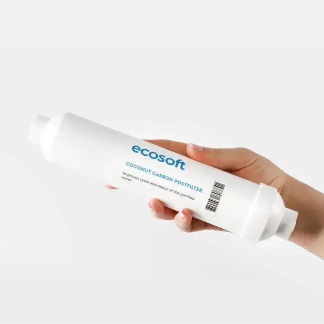 Filtru inline din cărbune activ granular pentru postfiltrare osmoză inversă, Ecosoft CHV2010, din coajă de nucă de cocos, conectori rapizi 1/4