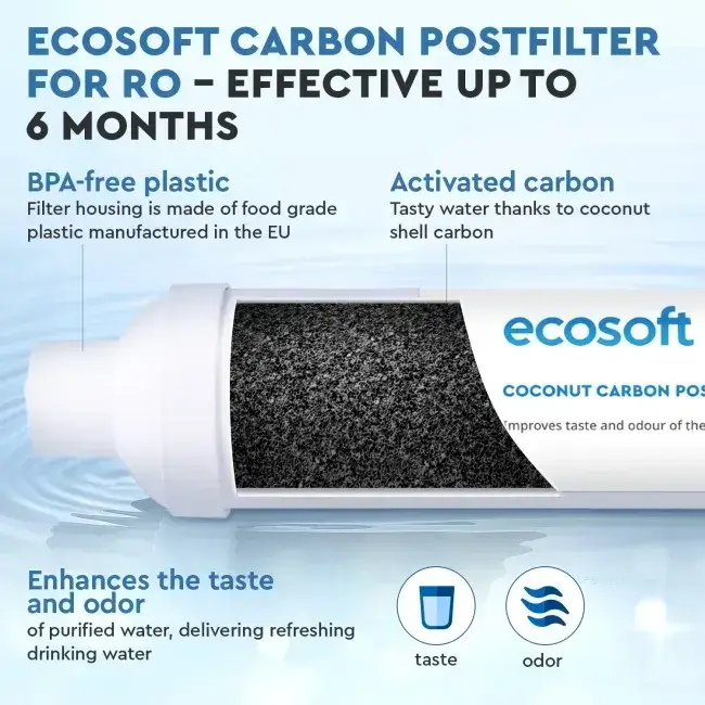 Filtru inline din cărbune activ granular pentru postfiltrare osmoză inversă, Ecosoft CHV2010, din coajă de nucă de cocos, conectori rapizi 1/4