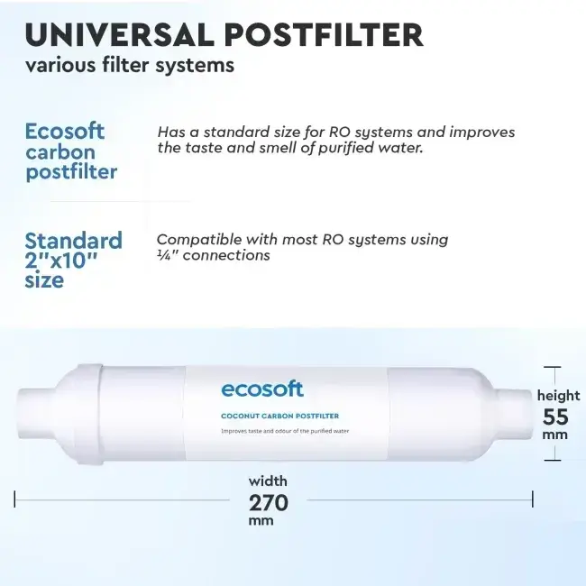 Filtru inline din cărbune activ granular pentru postfiltrare osmoză inversă, Ecosoft CHV2010, din coajă de nucă de cocos, conectori rapizi 1/4