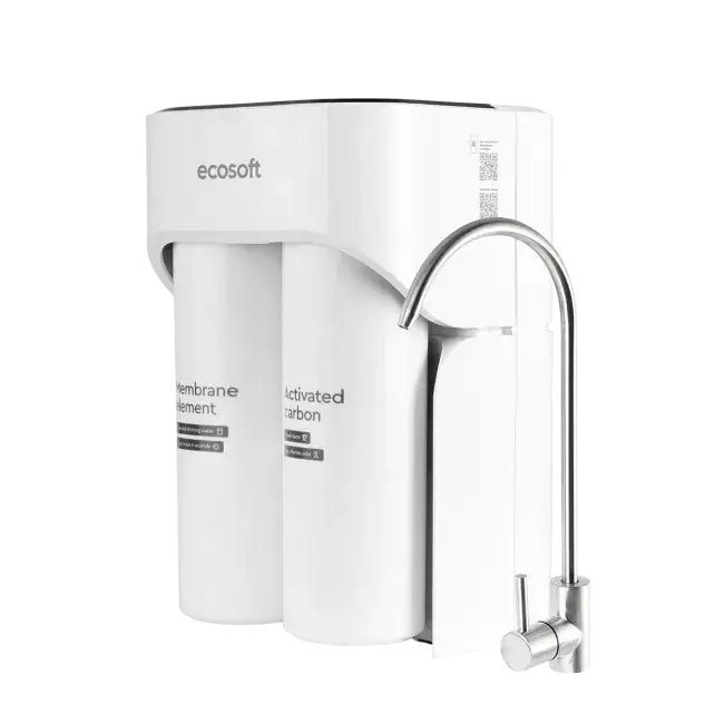 Sistem de filtrare prin osmoză inversă direct flow Ecosoft CROSS MAX MO2800PECO, debit ridicat 2 L/min, design ultracompact fără rezervor, indicator de înlocuire, oprire automată