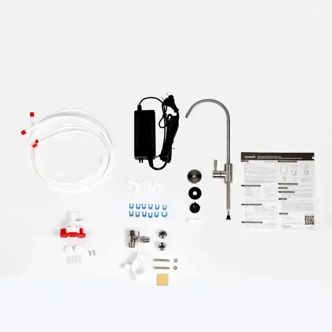 Sistem de filtrare prin osmoză inversă direct flow Ecosoft CROSS MAX MO2800PECO, debit ridicat 2 L/min, design ultracompact fără rezervor, indicator de înlocuire, oprire automată
