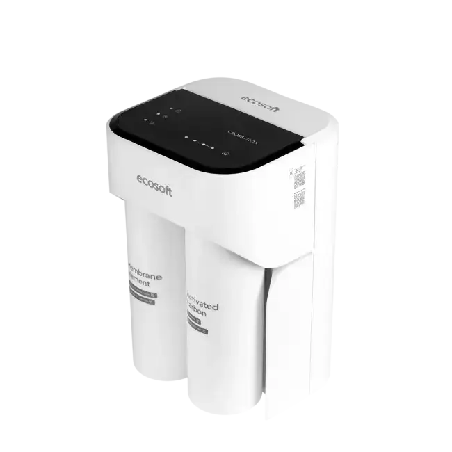 Sistem de filtrare prin osmoză inversă direct flow Ecosoft CROSS MAX MO2800PECO, debit ridicat 2 L/min, design ultracompact fără rezervor, indicator de înlocuire, oprire automată