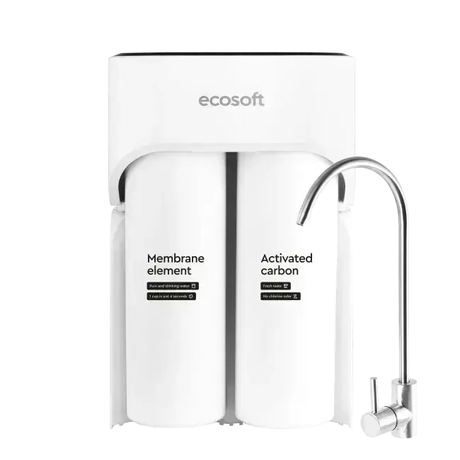 Sistem de filtrare prin osmoză inversă direct flow Ecosoft CROSS MAX MO2800PECO, debit ridicat 2 L/min, design ultracompact fără rezervor, indicator de înlocuire, oprire automată