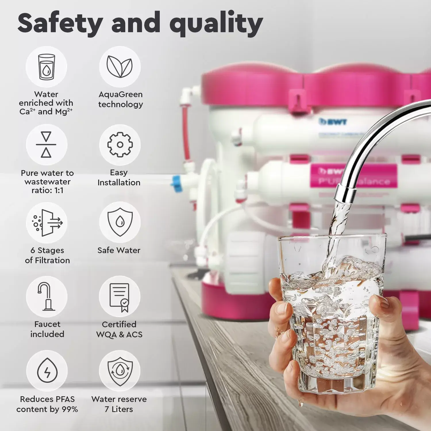 Osmoza inversa premium, BWT P'URE Balance PINK, MO675MBALBWTPINK, 6 stadii, eficienta ridicata, remineralizare cu calciu si magneziu