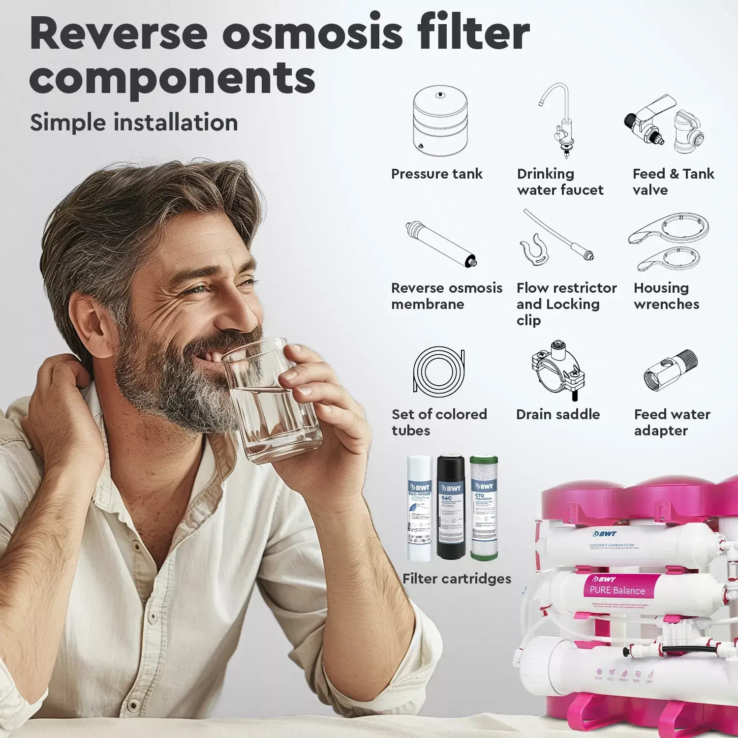 Osmoza inversa premium, BWT P'URE Balance PINK, MO675MBALBWTPINK, 6 stadii, eficienta ridicata, remineralizare cu calciu si magneziu