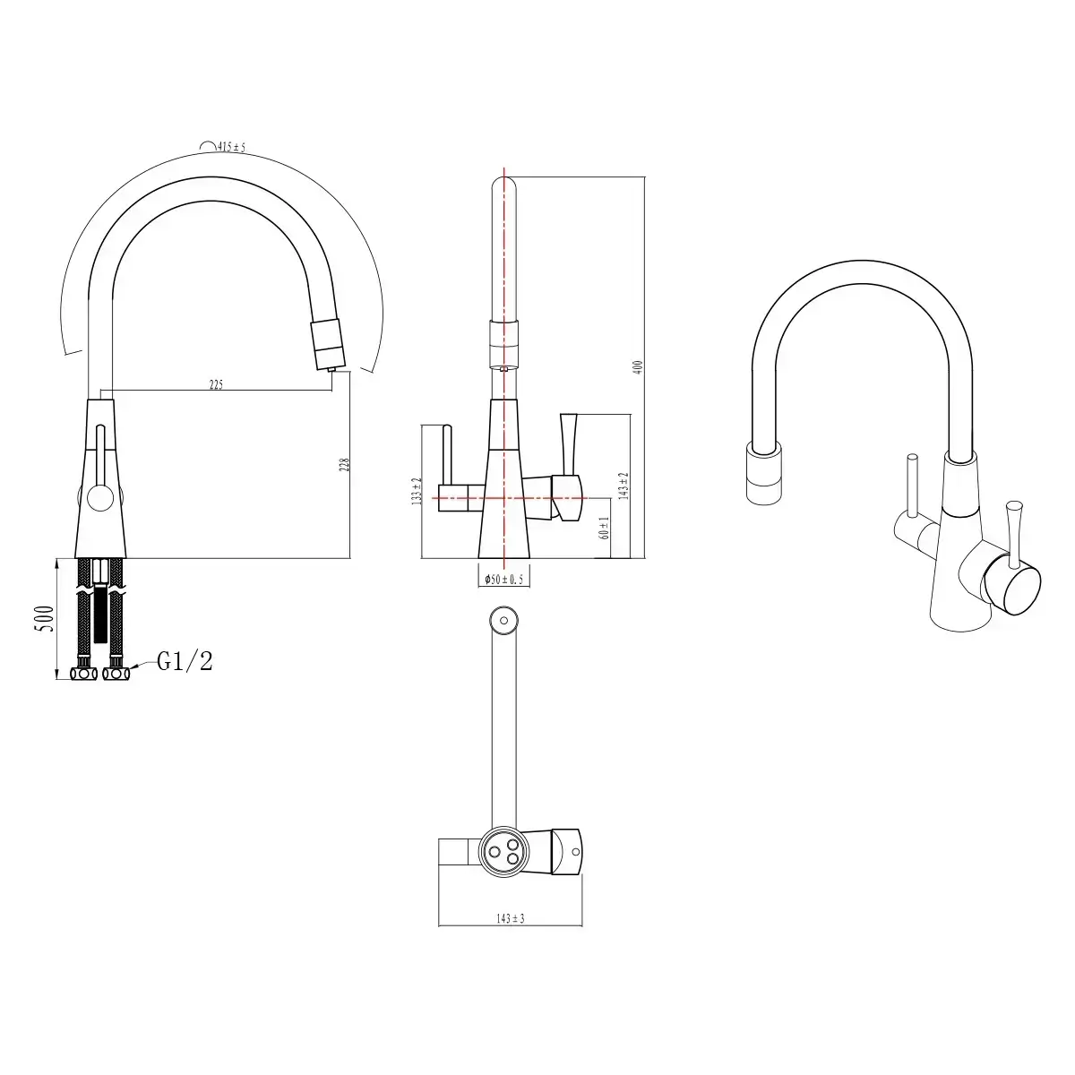 Baterie cu 3 căi, PREMIER FLEX Comfort, finisaj alb, țeavă flexibilă, flux separat apă filtrată și apă menajeră (rece și caldă)