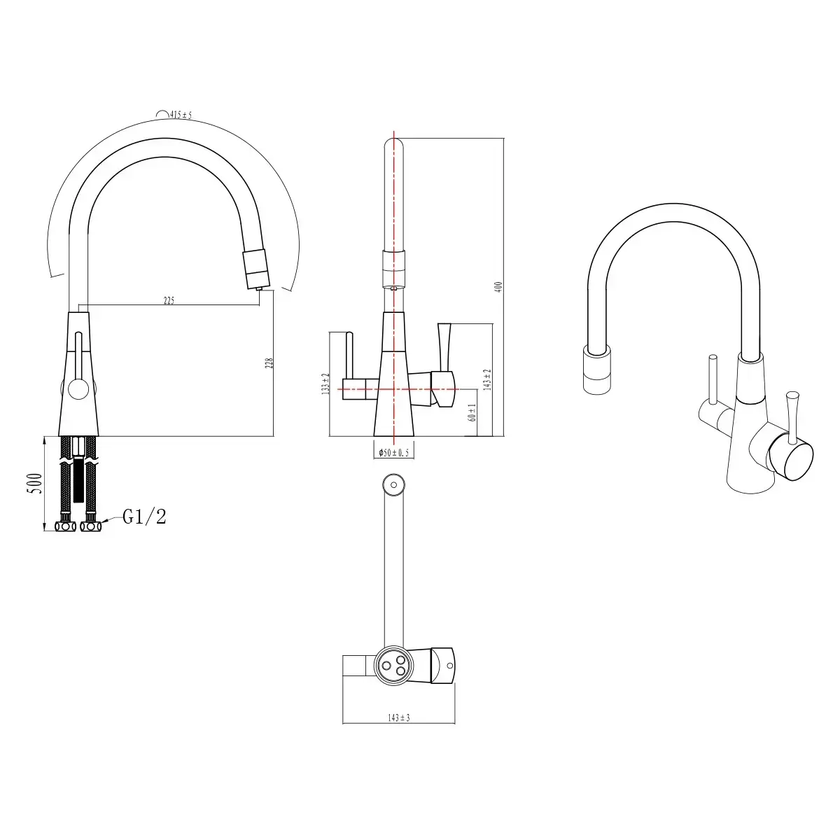 Baterie cu 3 căi, PREMIER FLEX Comfort, finisaj negru mat, țeavă flexibilă, flux separat apă filtrată și apă menajeră (rece și caldă)